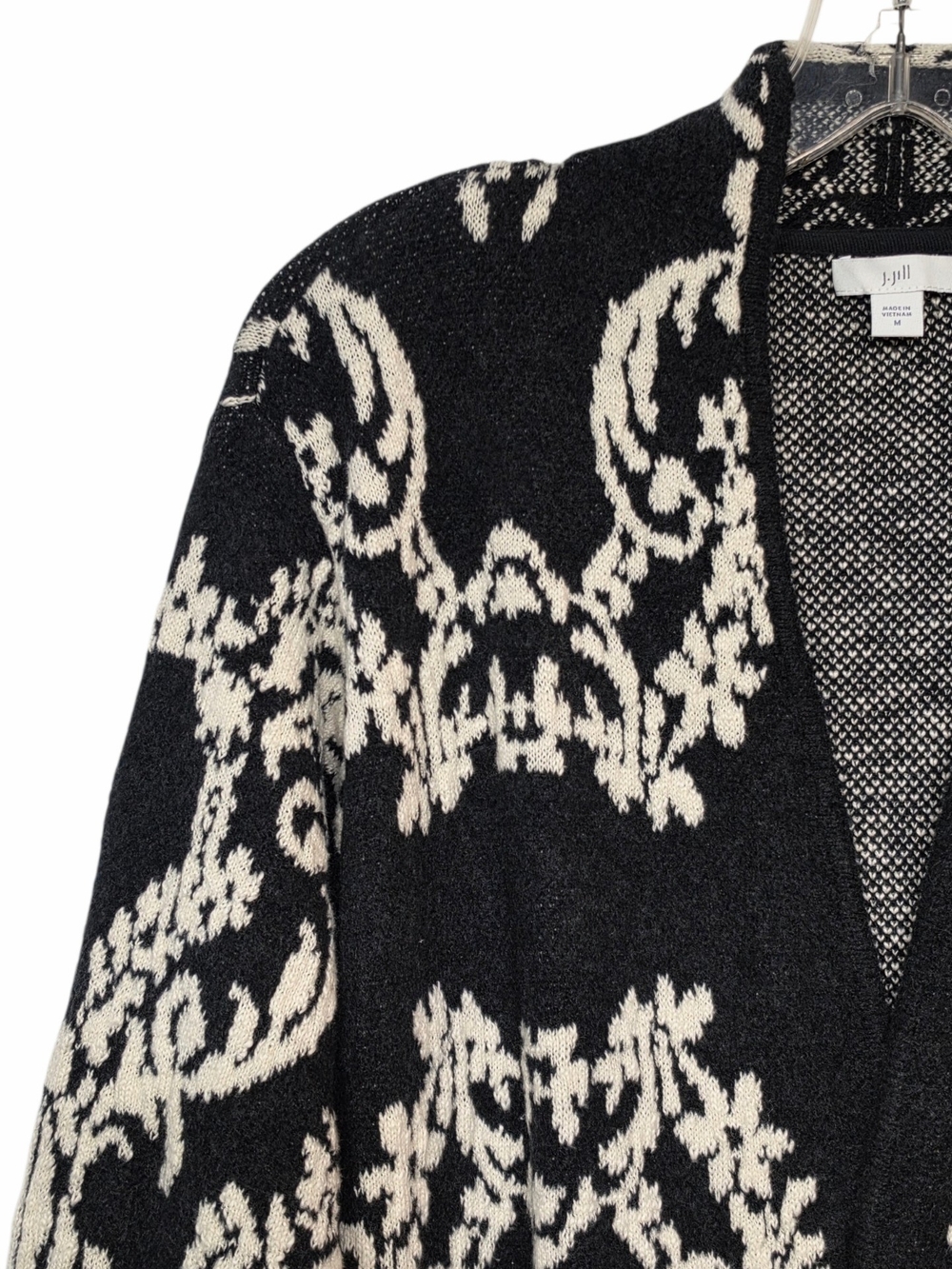 J.Jill Black Cream Paisley Jacquard Longline Open Front Cardigan Sweater M - Picture 2 of 14